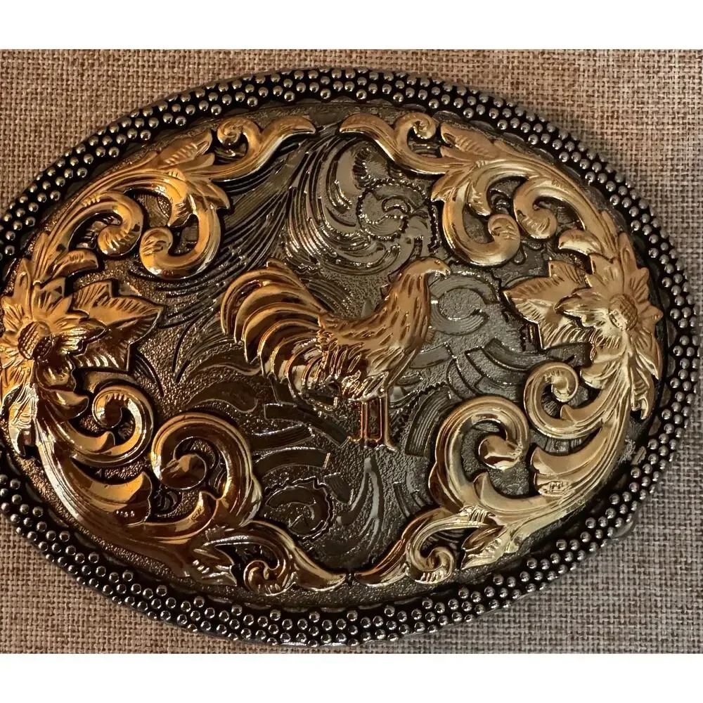 ALSA SILVER & Gold tone OVAL STANDING ROOSTER Belt Buckle